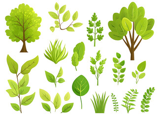Obraz premium Minimal flat vector illustration featuring various leaves, trees, branches, grass, and botanical elements isolated on white background