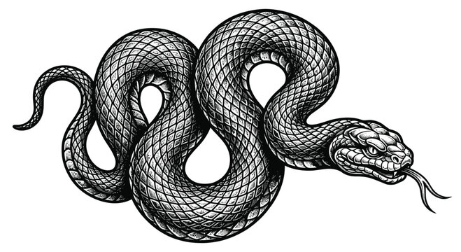 Black and white tattoo style illustration of a coiled python snake with detailed diamond scale pattern, flicking forked tongue, and bold linework isolated on a white background.