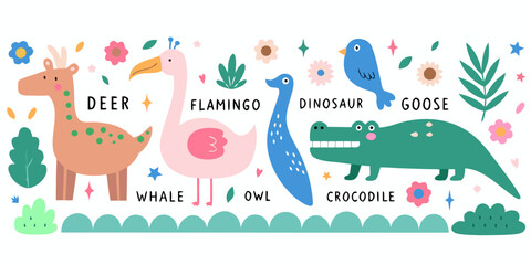 colorful animals in flat vector style deer flamingo dinosaur goose crocodile whale owl illustration cartoon wildlife nature children education learning funny playful design © Ranajit