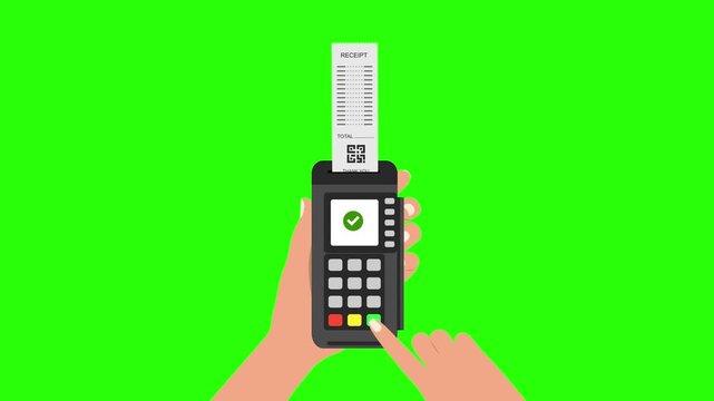 Contactless Payment Terminal Printing Receipt Animation on Green Screen, POS Machine with Receipt