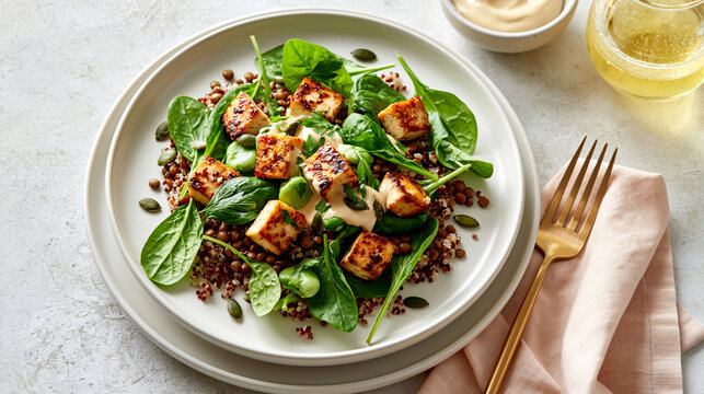 Plant forward prenatal plate with tofu lentils quinoa tahini pumpkin seeds greens and citrus showcasing maternal protein support