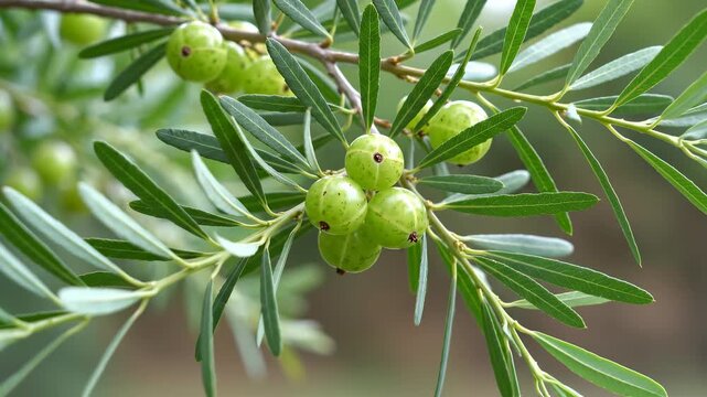 Fresh green amla fruits growing naturally on tree branch