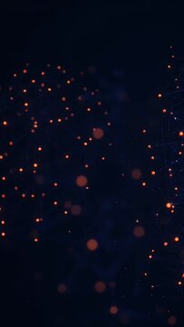 Abstract digital network sphere with glowing orange data nodes and connected lines on a dark blue background representing connectivity