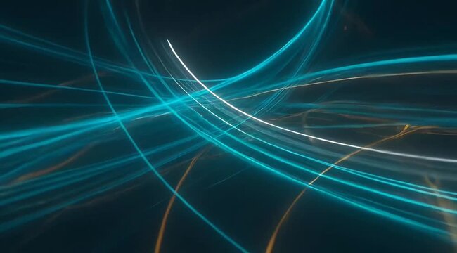 Abstract flowing blue and gold light trails moving across dark background, digital speed and energy pathways, smooth motion streaks for motion graphics