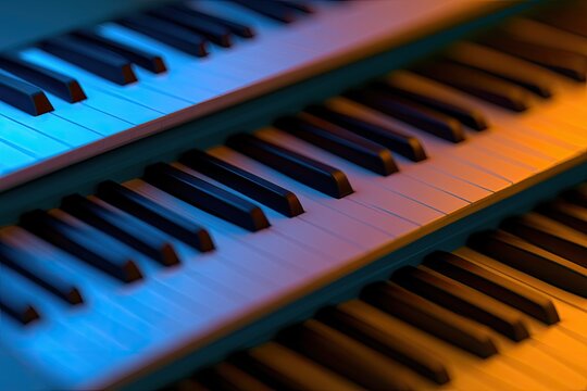 Close-up perspective of three illuminated keyboards, abstract, musical