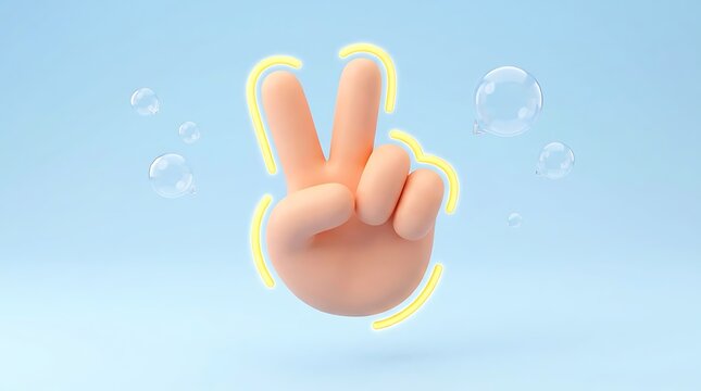 3d cartoon hand showing peace sign gesture with bubbles isolated on white background