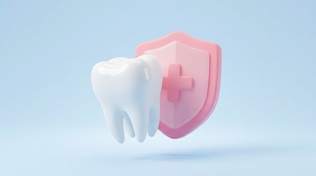 White tooth with pink medical shield icon isolated on white background