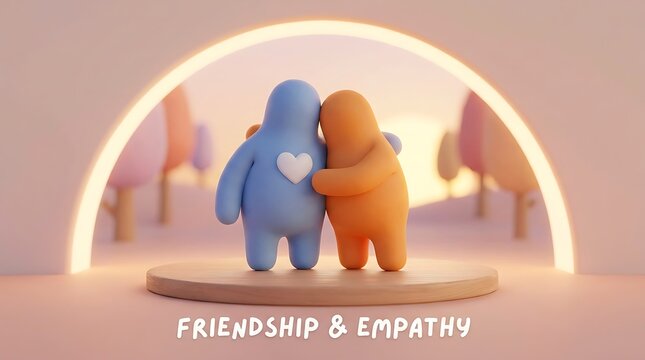 Two cute figures hugging with a heart for friendship concept isolated on white background