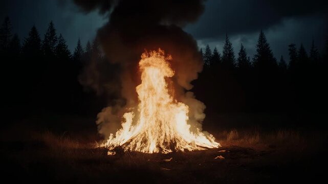intense forest fire burning at night with flames and smoke