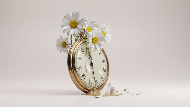 Beautiful vintage clock with wilting daisy flowers on top