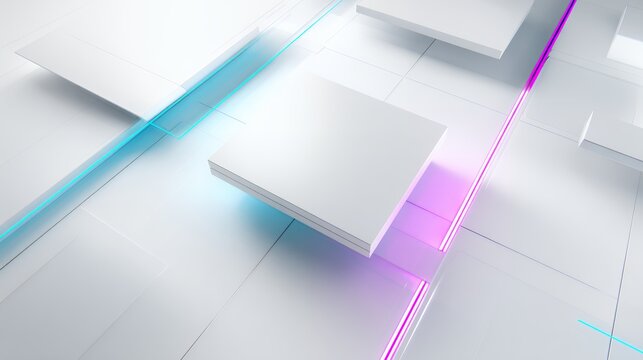Modern 3D white floating square tiles with glowing neon cyan and pink lines. Minimalist futuristic technology abstract background.