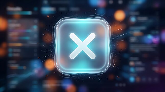 Glowing neon close icon on digital interface background