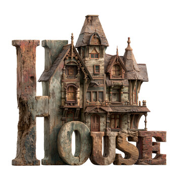 Old wooden letters spelling house  on a transparent background