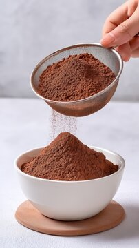 Hand sifting cocoa powder into a ceramic bowl