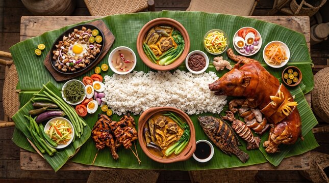 Traditional Filipino kamayan boodle fight feast spread on banana leaf with lechon, sisig, kare-kare, and rice