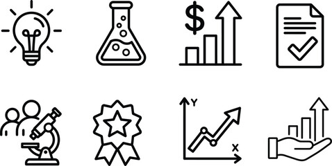 Fototapeta premium A collection of black and white line art icons representing business growth finance science research and development in a professional vector format