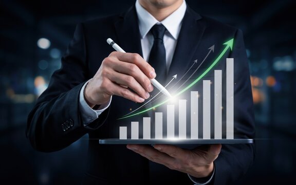 Businessman holding tablet with growing business graph