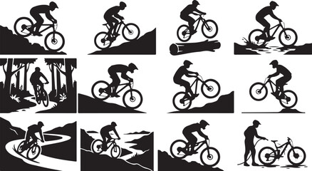 Naklejka premium Collection of black silhouettes showing mountain bikers riding on rugged trails, jumping, climbing, and cleaning bikes after the ride