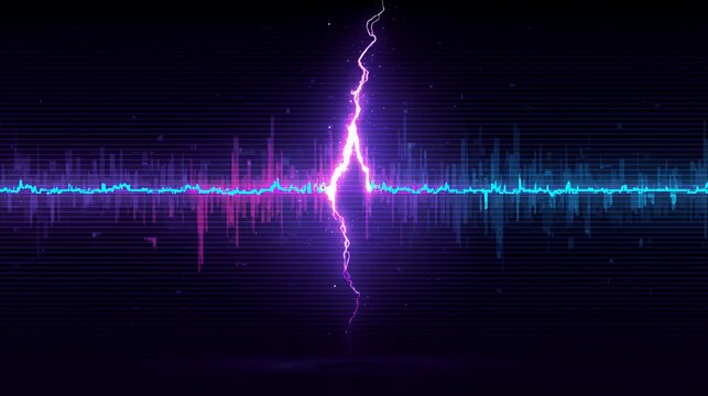 Glowing neon purple and blue digital soundwave with lightning strike on dark background. Cyberpunk glitch technology abstract concept.