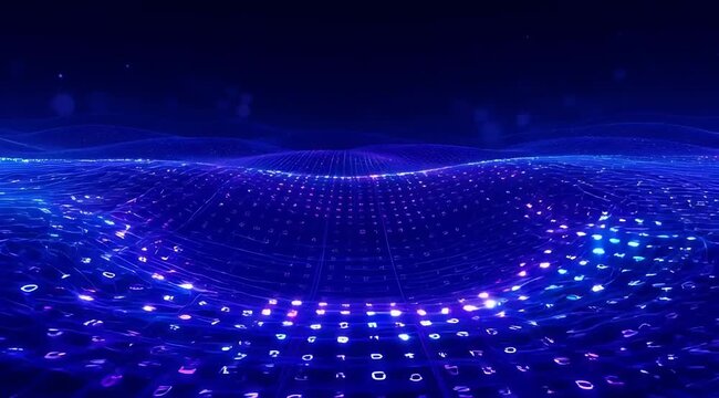 Abstract flowing digital landscape of luminous binary data particles, glowing network waves, streaming information, virtual reality background