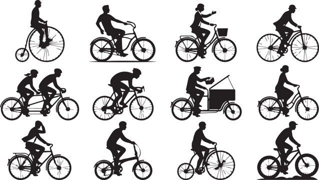 Collection of twelve black silhouettes showing various types of bicycles and riders, including tandem, cargo, folding, and vintage penny farthing