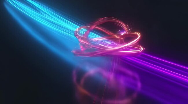 Abstract flowing neon light trails in purple and orange on dark background, high speed motion blur, fiber optic data transfer