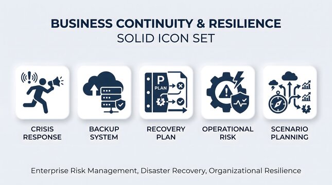 Business continuity and resilience solid icon set with six detailed symbols.
