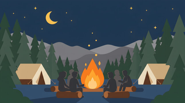 Friends Sitting Around Campfire Under Starry Night Sky Vector Illustration