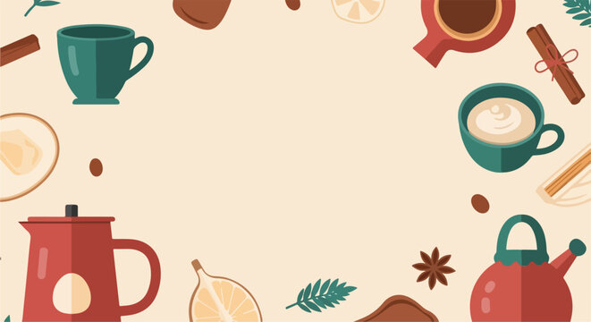 An elegant vector illustration featuring a collection of coffee and tea items, spices, and lemon slices arranged around a central space.