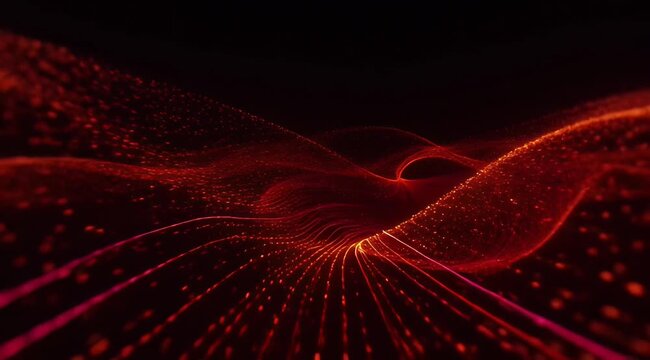 Abstract flowing red particle wave, dynamic digital landscape, motion graphics, fluid data visualization, network connectivity, elegant technological background