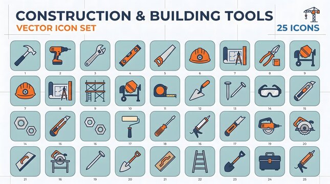 Assorted construction and building tools vector icon set with 25 detailed.