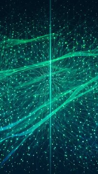 Abstract green digital network connection with glowing particle nodes, data flow, cyber security, technology infrastructure, system communication