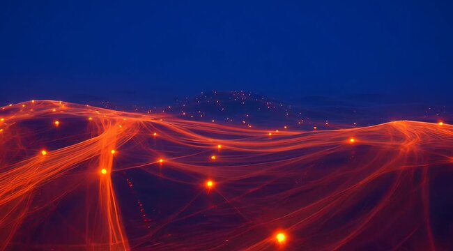 Abstract landscape with glowing orange light trails and data nodes over dark blue terrain, representing network connectivity, digital flow, and futuristic technology infrastructure