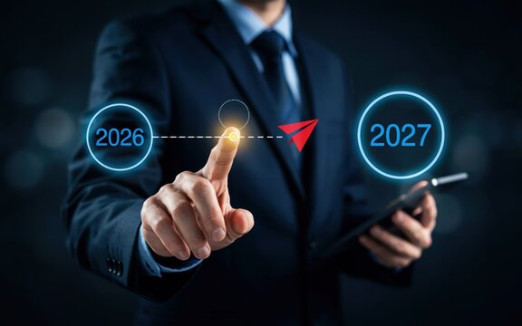 Businessman touching a virtual screen with 2026 to 2027