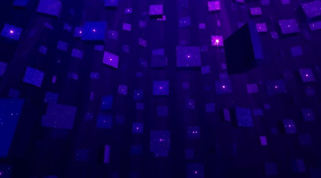 Abstract motion background with floating purple cubes and sparkling light particles, digital space, data stream, technology, network visualization