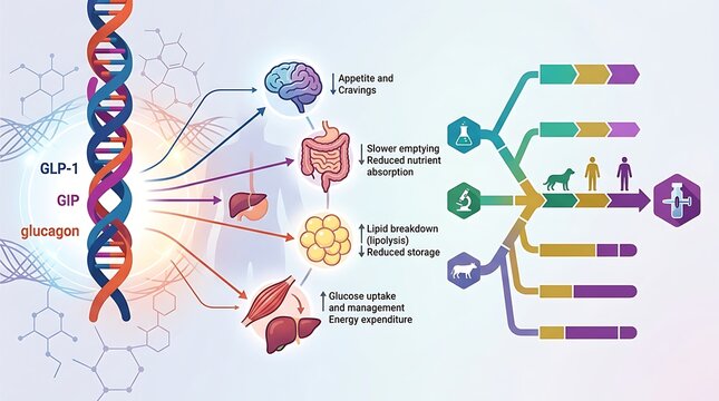 Metabolic hormone pathway infographic for glp-1 gip and glucagon