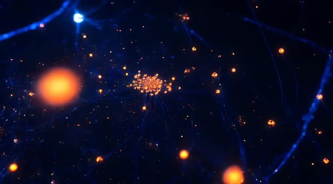 Abstract network of glowing blue and orange nodes connecting in dark space, representing data transmission, neural pathways, digital connectivity and global communication