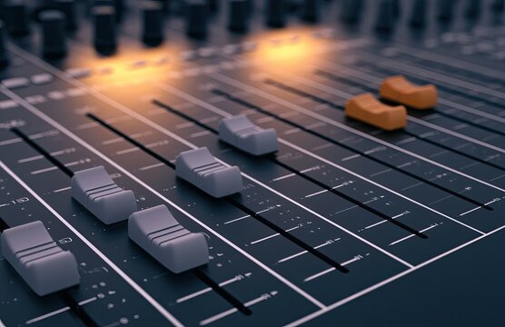 Close up of a sound mixer's faders and knobs with warm lighting