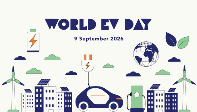 World ev day 9 september 2026 poster with electric car and wind turbines