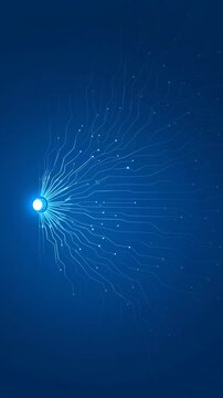Abstract particle emission from central glowing light source, digital flow, network connections, data stream, futuristic energy pulse