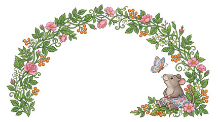 Fototapeta premium Cute teddy bear with floral arch for childrens decor. Adorable plush toy surrounded by colorful flowers and butterflies, ideal for nursery or baby...