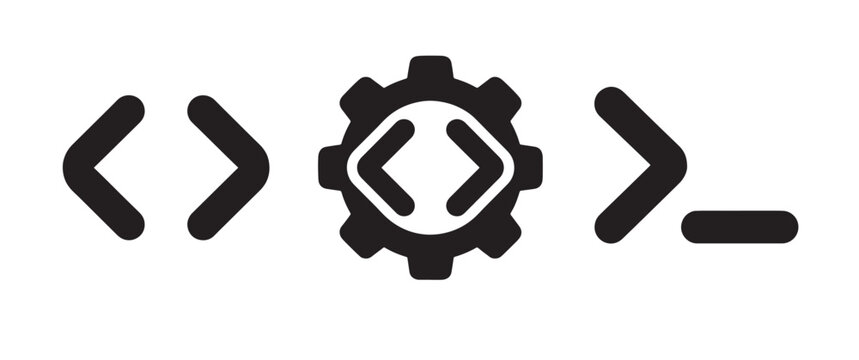 Set of black featuring angle brackets, a gear with code symbols, and a command line prompt on a white background, for software engineering