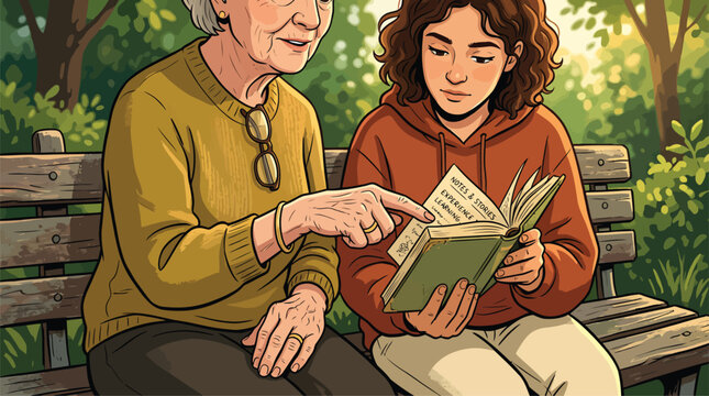 Elderly woman teaching young girl to read a book on a park bench, intergenerational learning, wholesome family moment, educational concept