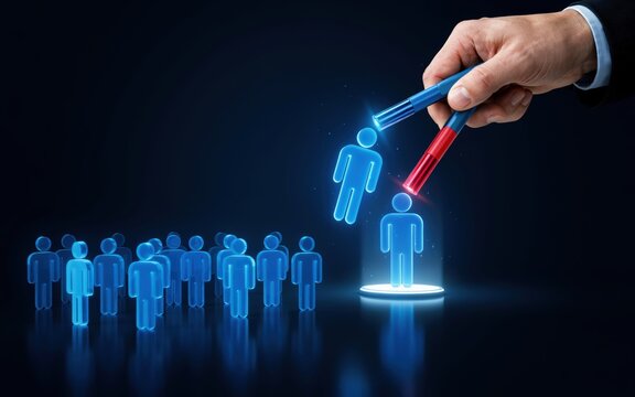 Hand using a magnet to attract talent from a crowd