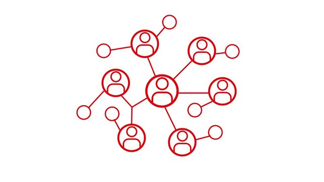 Animated social network icon. Network of connected people with peripheral circle nodes, ideal for illustrating social networks, teamwork, connectivity, relationships, communication