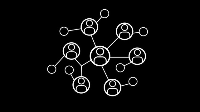 Animated social network icon. Network of connected people with peripheral circle nodes, ideal for illustrating social networks, teamwork, connectivity, relationships, communication