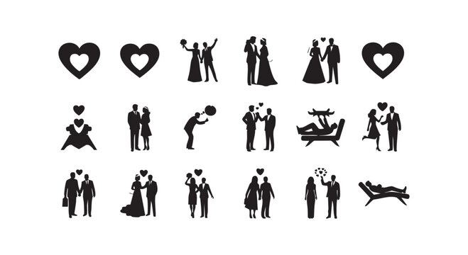 Wedding and couple lifestyle icons set with bride groom and romantic leisure activity.