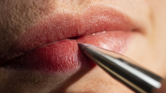 Close-up of lips while applying lip liner during makeup routine