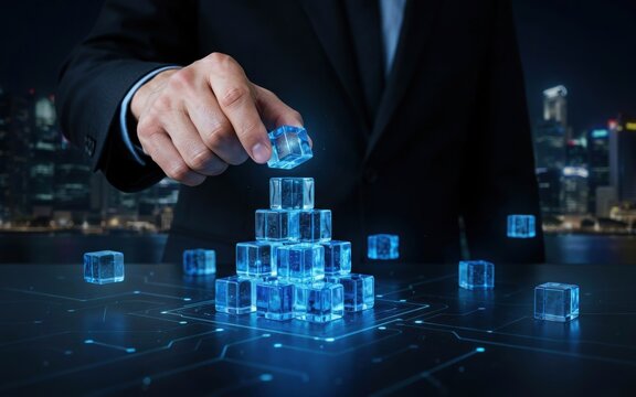 Businessman building a digital pyramid with glowing cubes
