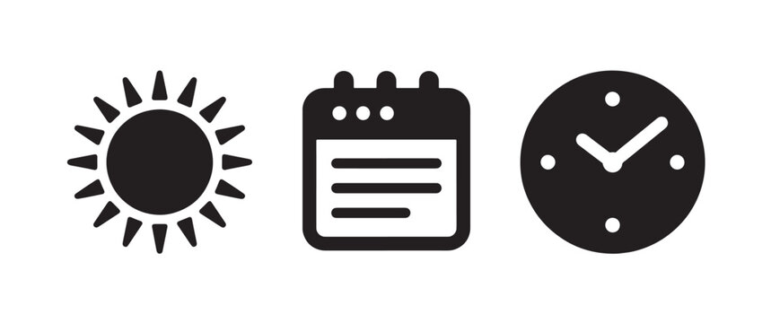 Three black displaying a sun symbol, a calendar page with lines, and a round clock face with dots instead of numbers isolated on a white background